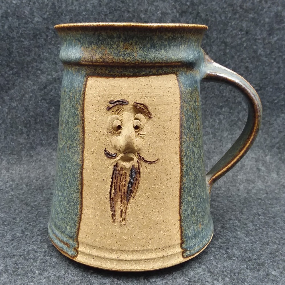Ugly Beard Face Handmade Pottery Mug Signed RH Bottoms Up Coffee Tea Unique '76‎